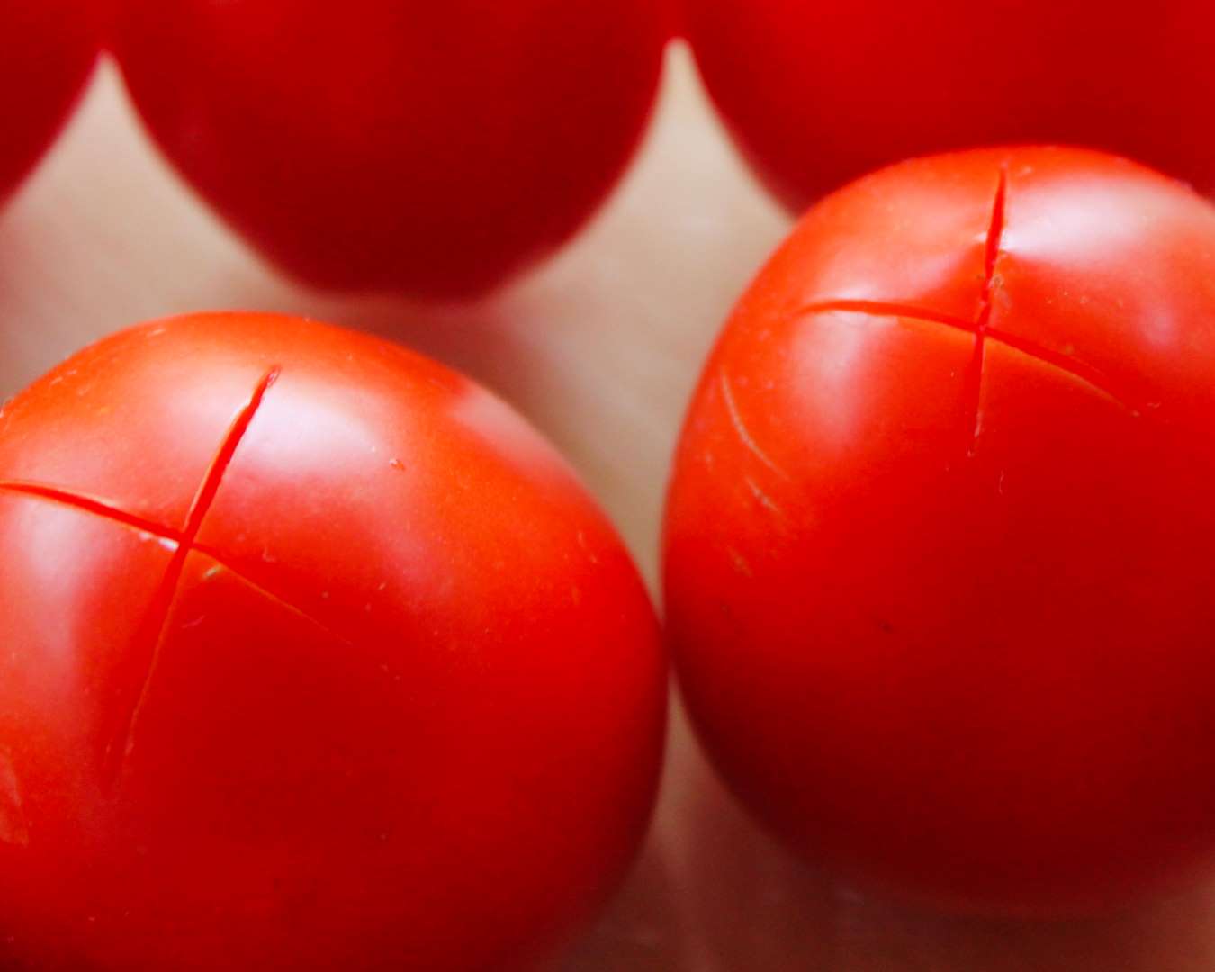 tomaten-haeuten-vorbereiten-einritzen.jpg Tomaten mit eingeritzter Schale als Vorbereitung zum Häuten und Einkochen