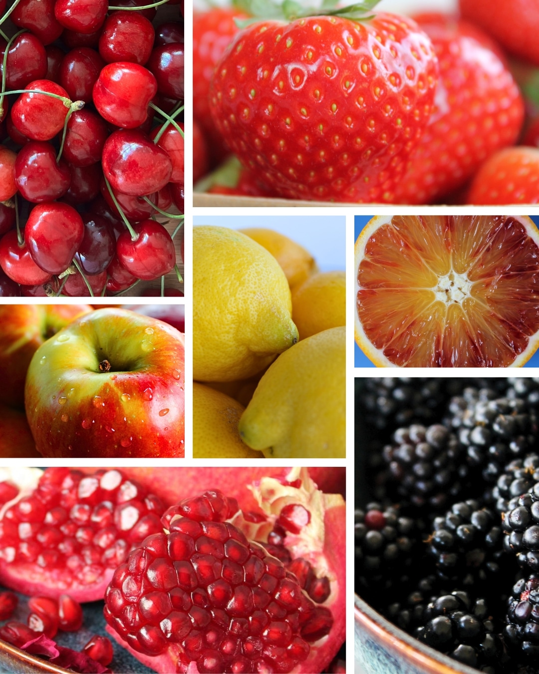 Collage mit säurereichem Obst: Kirschen, Erdbeeren, Äpfel, Zitronen, Blutorange, Brombeeren und Granatapfel – ideal zum Einkochen im Wasserbad