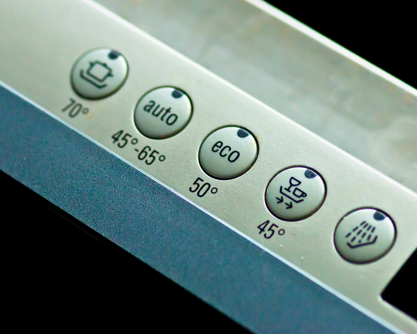 geschirrspueler-temperatur-programme-einkochen-unsicher.jpg Nahaufnahme der Programmtasten eines Geschirrspülers mit Temperaturangaben von 45 °C bis 70 °C – zeigt, dass selbst das heißeste Programm für sicheres Einkochen nicht ausreicht.