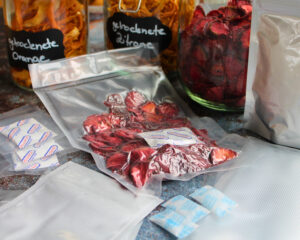 Verschiedene Verpackungsmethoden für Trockenprodukte: Vakuumbeutel, Mylarbeutel, Gläser und Trockenmittel im Vergleich.