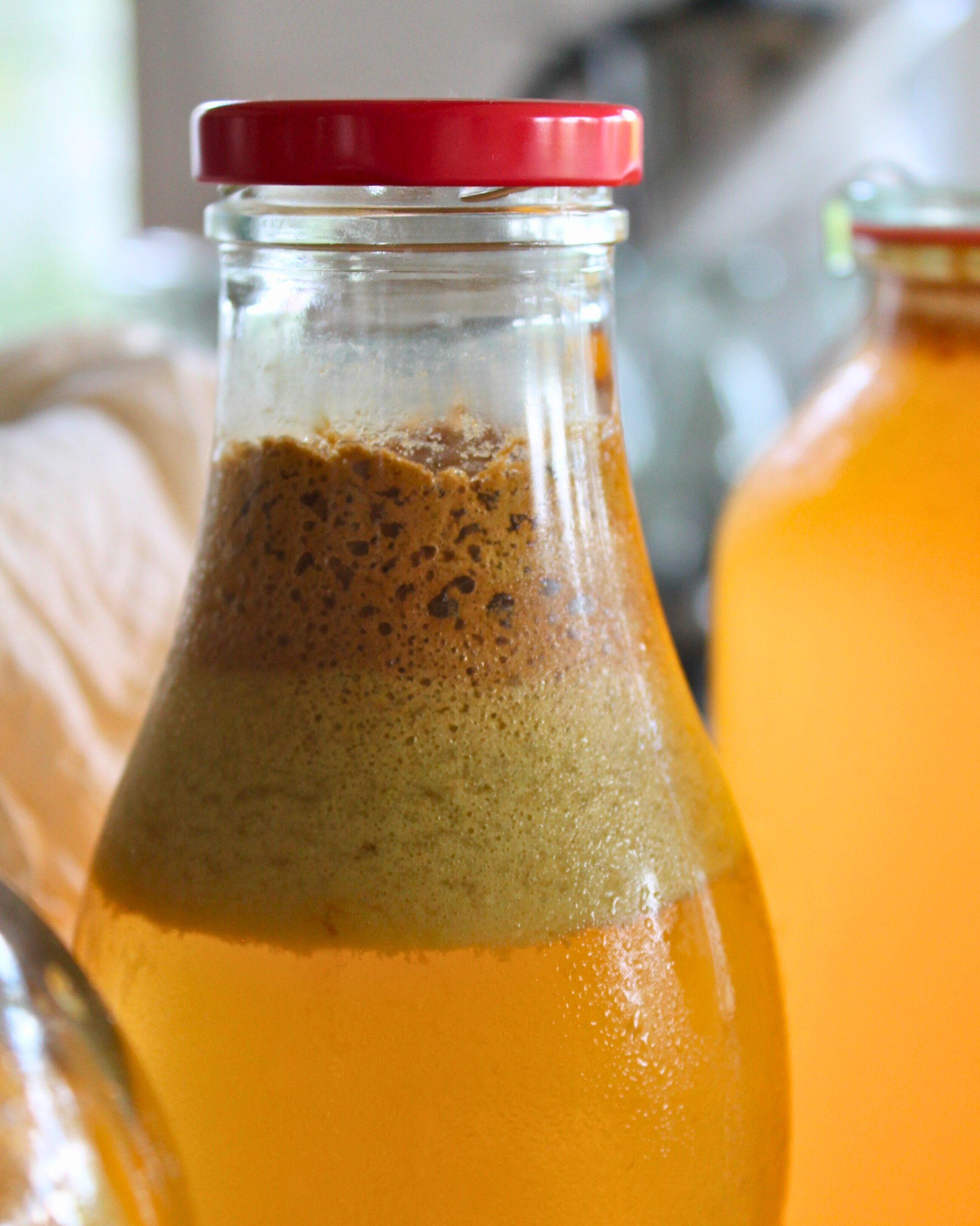 apfelsaft-einkochen-naturtrueb-bodensatz.jpg Naturtrüber Apfelsaft in Flasche mit Bodensatz nach dem Ruhenlassen im Kühlschrank.
