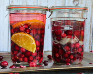 Zwei Weckgläser mit fermentierten Cranberries: links süß mit Orangenscheibe, rechts salzig mit Zwiebel und Gewürzen – süß und salzig fermentierte Cranberrys im Vergleich.