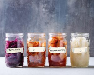 Vier Gläser mit verschiedenen fermentierten Gemüsen und beschrifteten Tape-Labels, die das Thema Botulismus in Fermentiertem humorvoll und verständlich visualisieren.