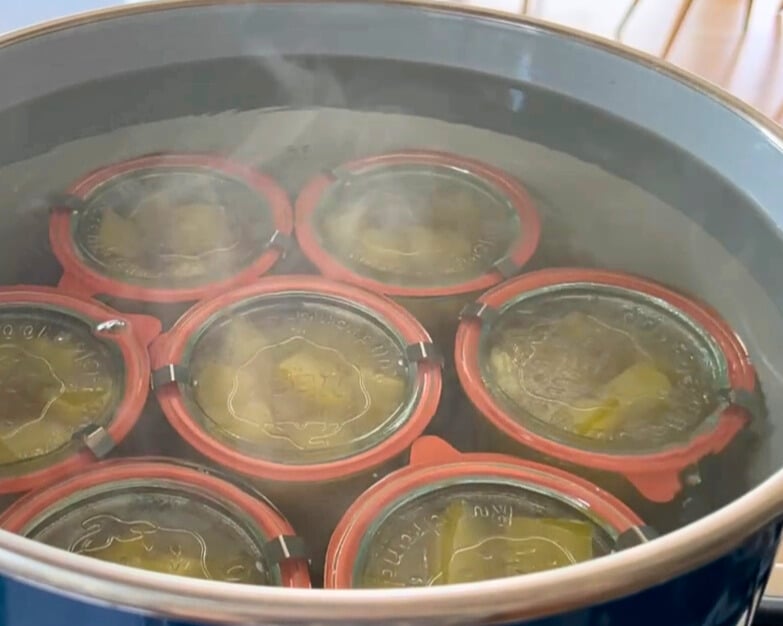 Gläser werden im Einkochtopf im Wasserbad eingekocht, Dampf steigt unter dem Deckel auf