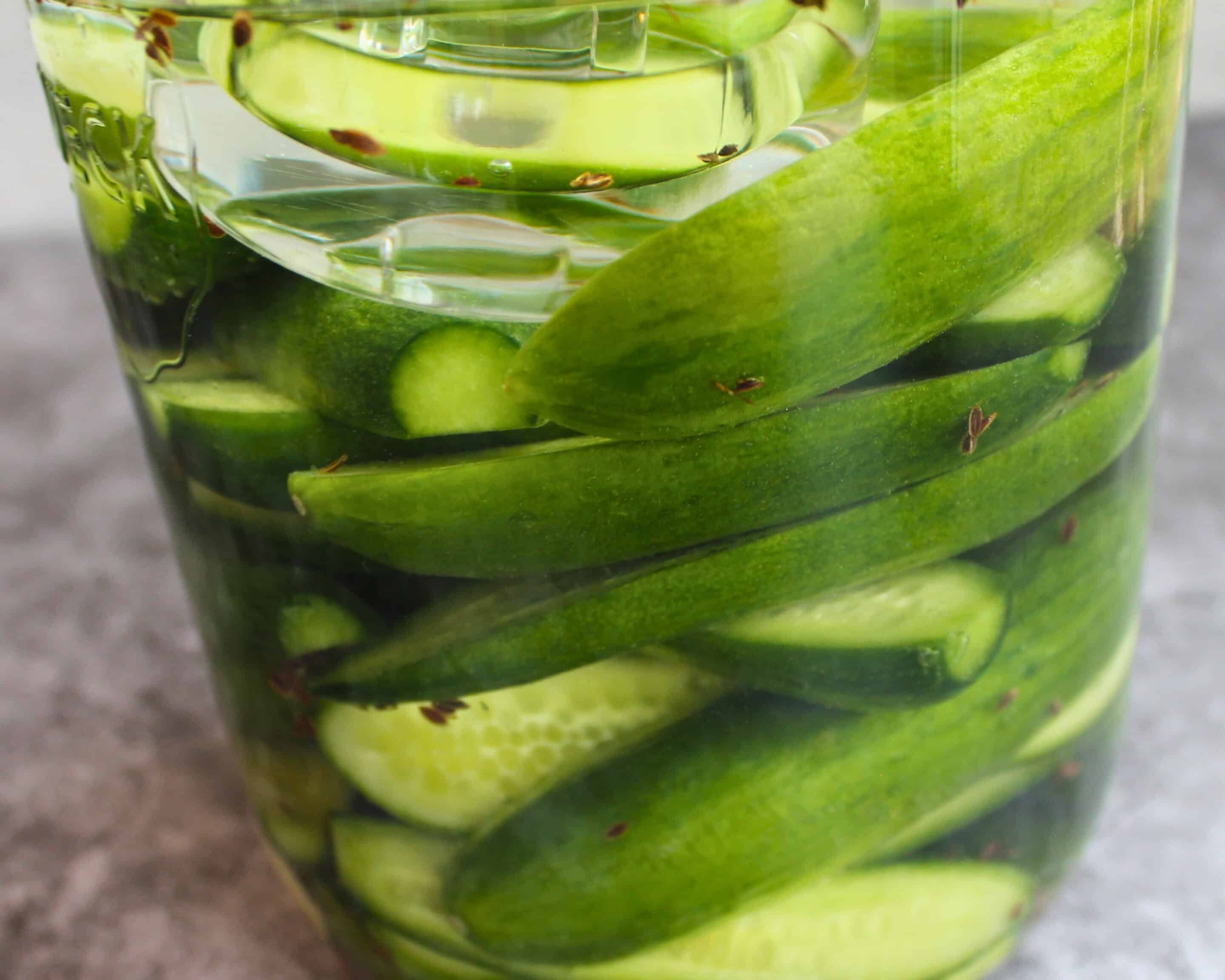 fermentierte Gurken im Glas mit Salzlake und Gewürzen