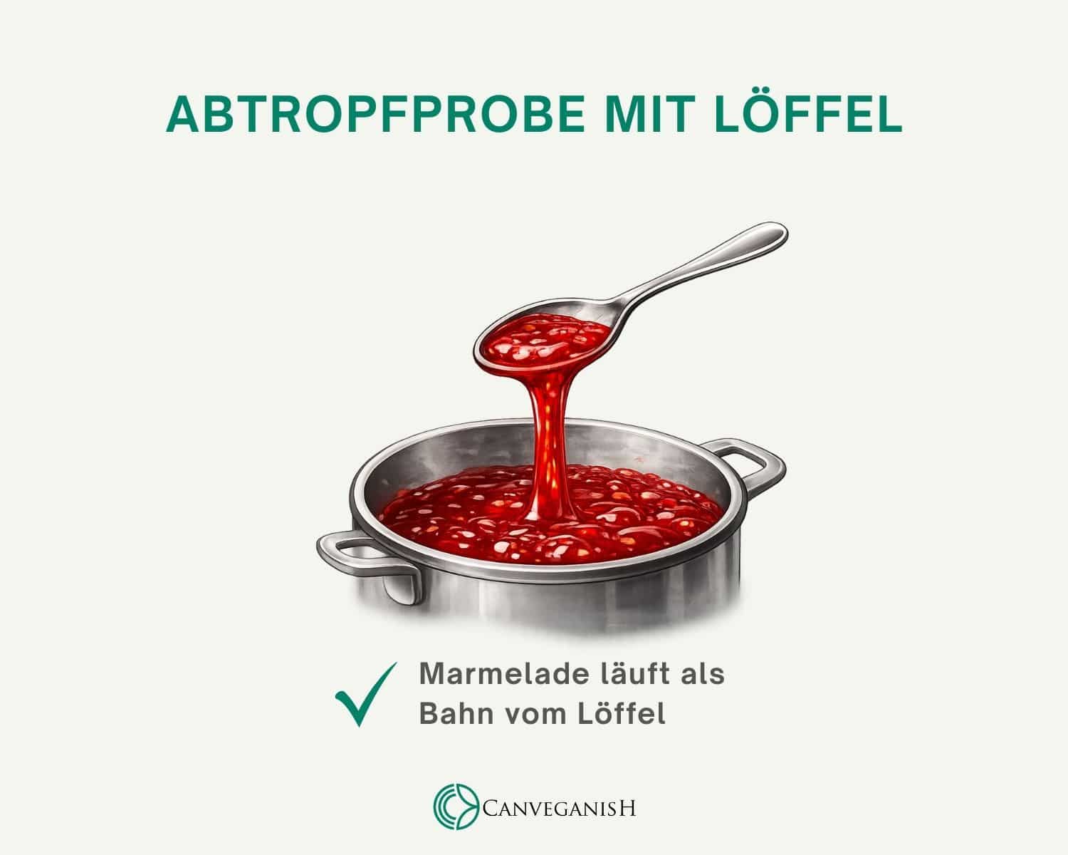 Löffelprobe bei Marmelade: Die Fruchtmasse läuft als breite Bahn vom Löffel zurück in den Topf – ein Zeichen dafür, dass der Gelierpunkt erreicht ist.