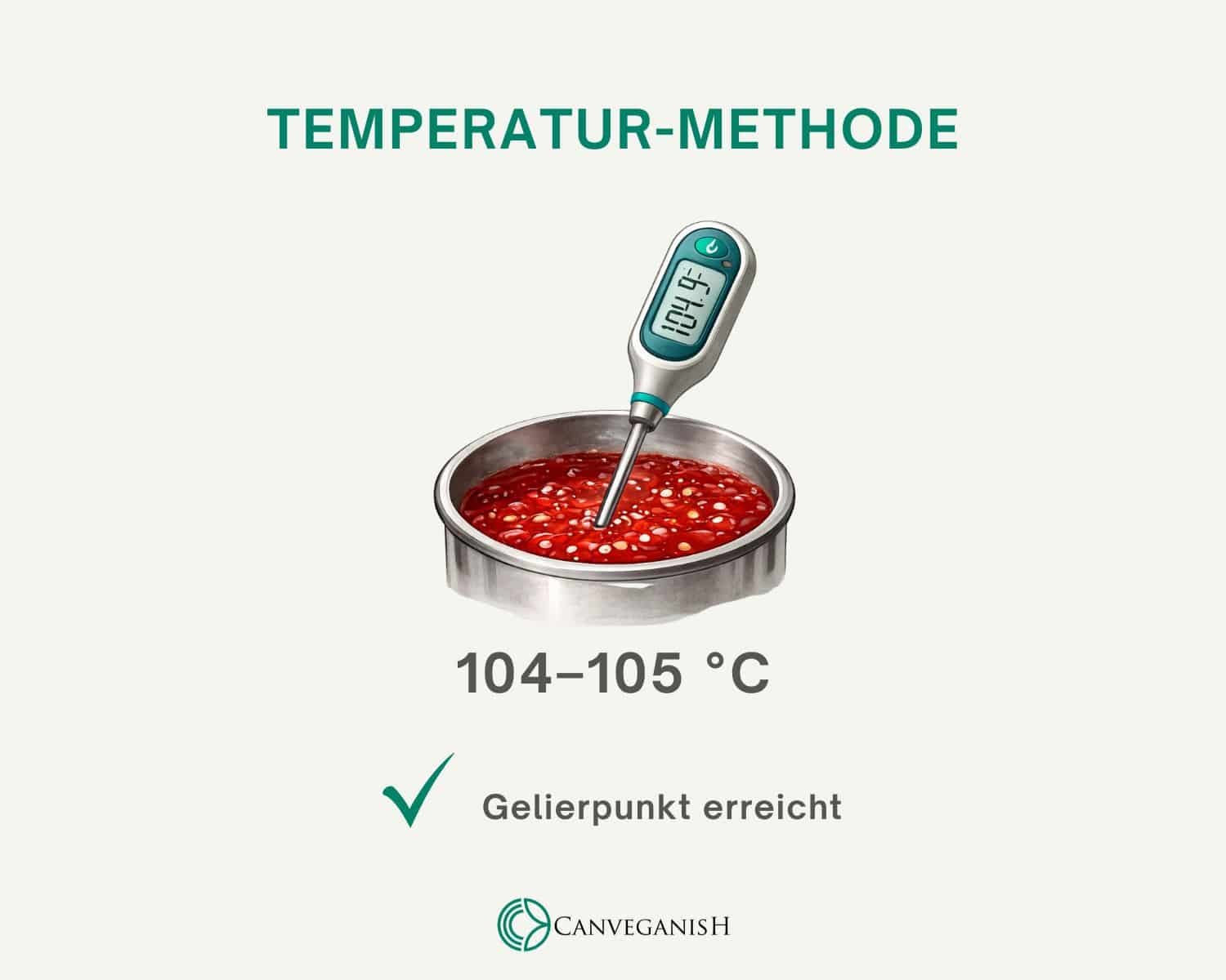 Thermometertest beim Marmeladekochen: Ein Küchenthermometer zeigt etwa 104–105 °C an – die typische Temperatur des Gelierpunkts.