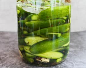 Gurken fermentieren im Glas mit Salzlake und Gewürzen – Beispiel für ein gesundes Ferment ohne Kahmhefe