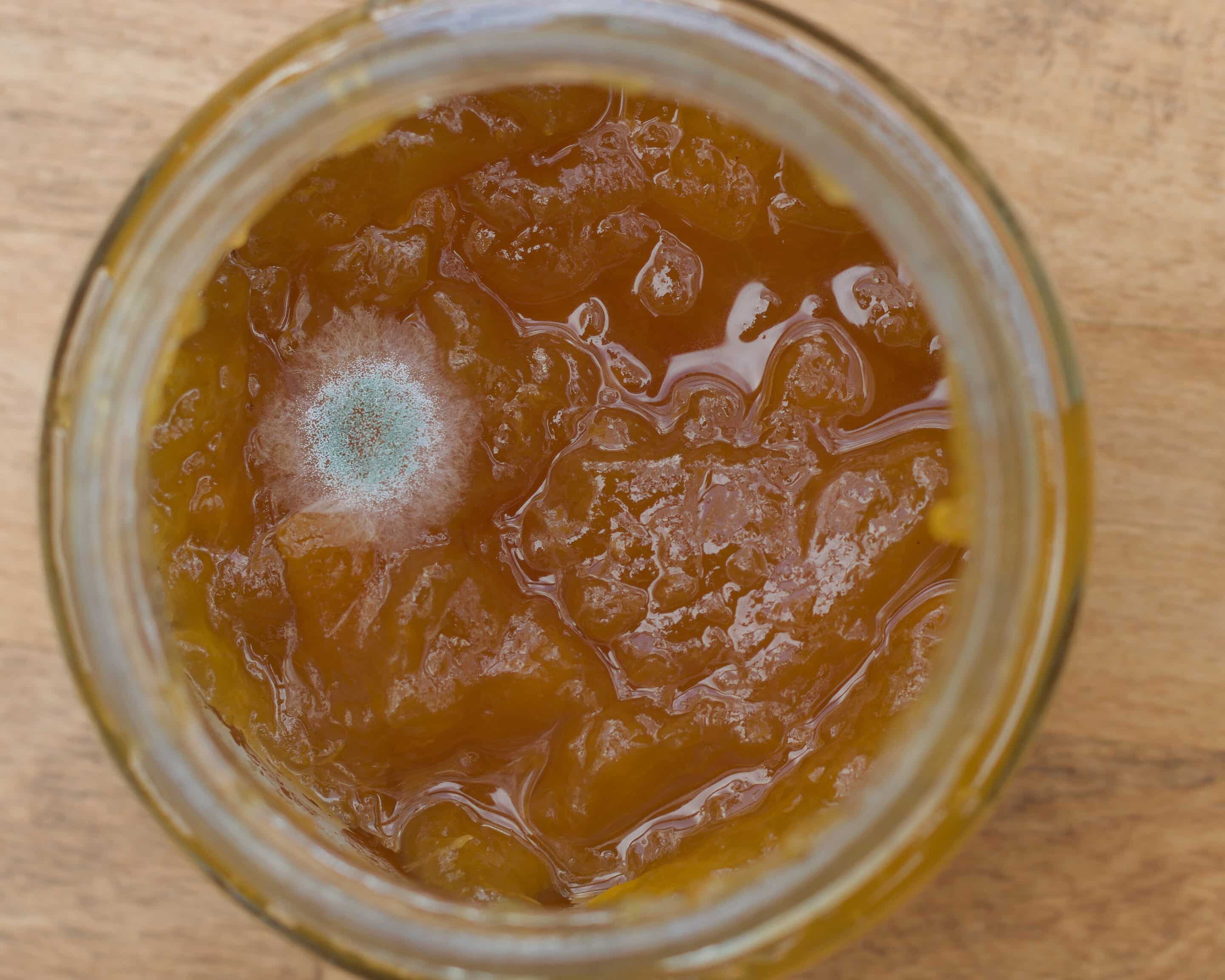 Draufsicht auf ein geöffnetes Glas mit gelber Marmelade und einem kleinen grau-grünen Schimmelfleck auf der Oberfläche