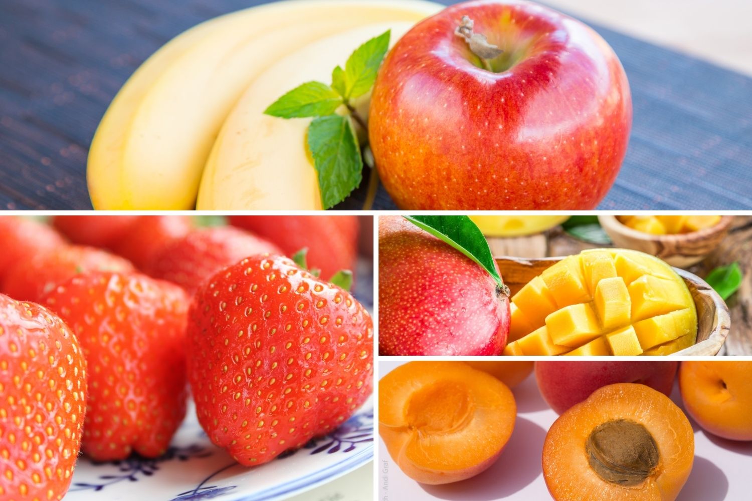 Erdbeeren, Äpfel, Bananen, Mango und Aprikosen als geeignete Früchte für Fruchtleder.