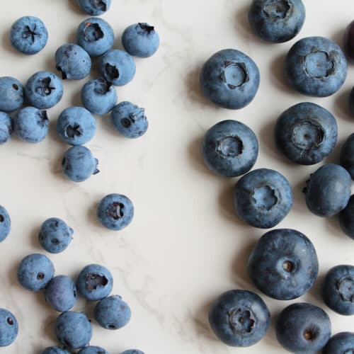 Frische Blaubeeren nach Größe sortiert auf hellem Marmor, vorbereitet zum Trocknen