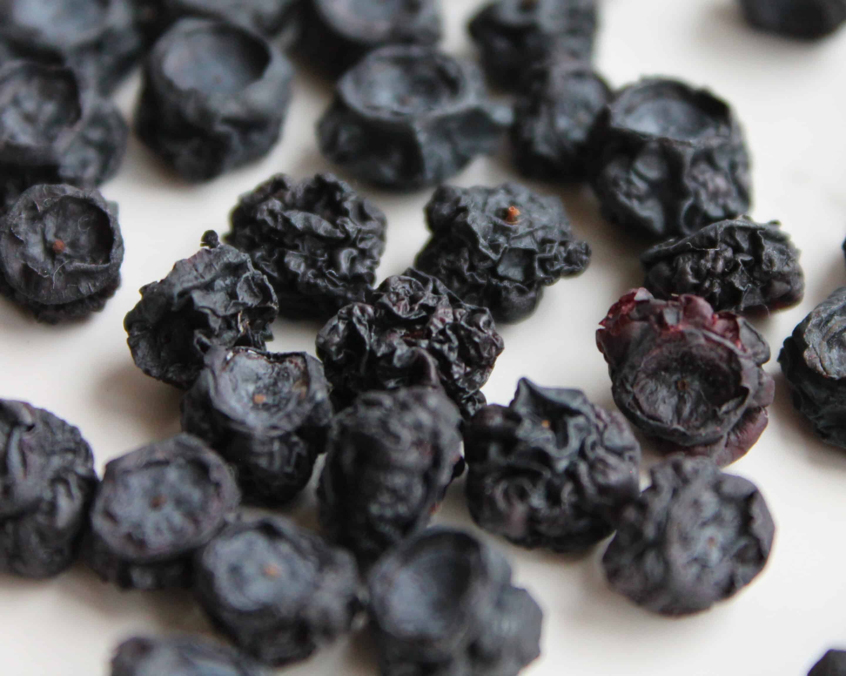 Makroaufnahme fertig getrockneter Blaubeeren mit ledriger, runzeliger Oberfläche