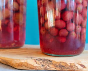 Stachelbeeren einkochen: zwei Weckgläser mit ganzen Stachelbeeren im Aufguss auf einem Olivenholzbrett vor türkisem Hintergrund