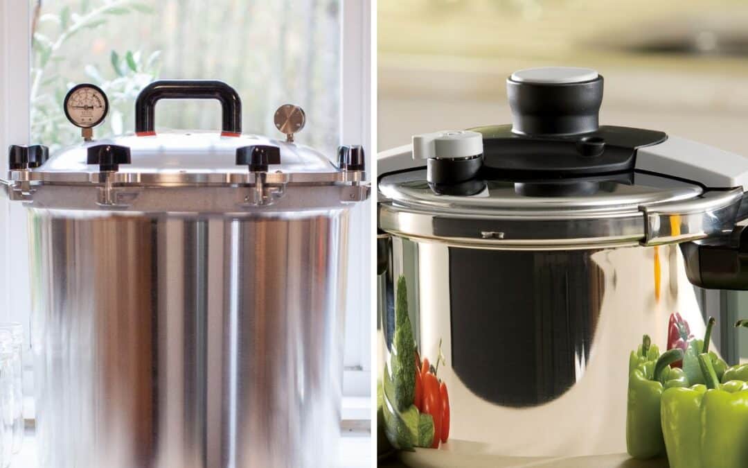 Pressure Canner mit Manometer links, Schnellkochtopf rechts, Vergleich zum Einkochen im Schnellkochtopf