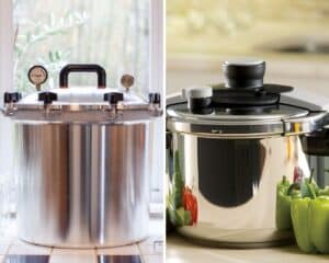 Pressure Canner mit Manometer links, Schnellkochtopf rechts, Vergleich zum Einkochen im Schnellkochtopf